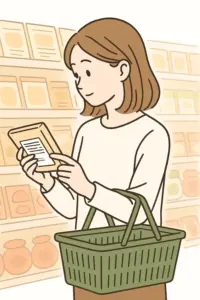 スーパーで商品パッケージの原材料表示を確認する女性イラスト