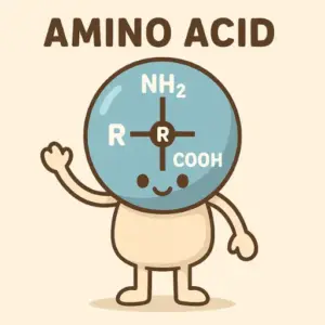 かわいいキャラクターで表現したアミノ酸の構造式イラスト｜NH2・COOH・R基を示す図解｜食品表示の「アミノ酸等」を分かりやすく解説