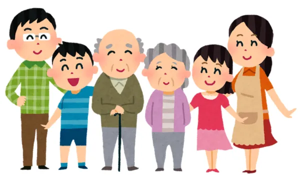 敬老の日の贈り物を囲む三世代家族の笑顔イラスト