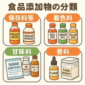 「食品添加物の分類イラスト。保存料、着色料、甘味料、香料の4つのカテゴリと具体例（防腐剤・硝酸ナトリウム、赤色・緑色・黄色の着色料、人工甘味料、フレーバーや風味増強剤）を描いた図解」